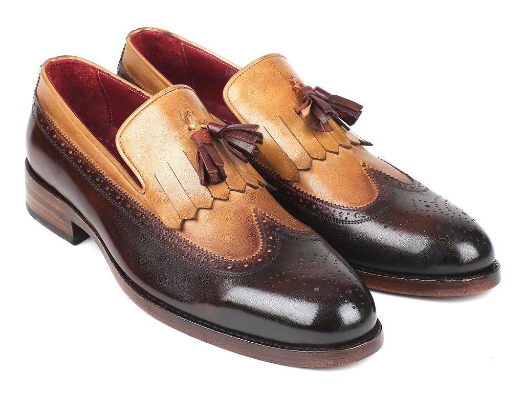 Paul Parkman ''KT57BJ" Brown / Beige Genuine Leather Kiltie Tassel Loafers.
